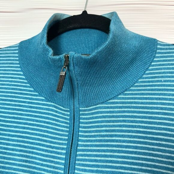 Saks Fifth Avenue Blue Striped Sweater Quarter Zip Silk Cotton Men’s L - Picture 2 of 9